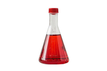 Close-up of an Erlenmeyer flask with red liquid used in science and laboratory experiments. Clear, isolated on white background.