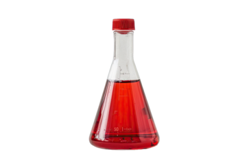 Close-up of an Erlenmeyer flask with red liquid used in science and laboratory experiments. Clear, isolated on white background.
