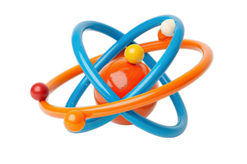 Colorful atomic model representation with intersecting orbits and spherical particles isolated on white background.
