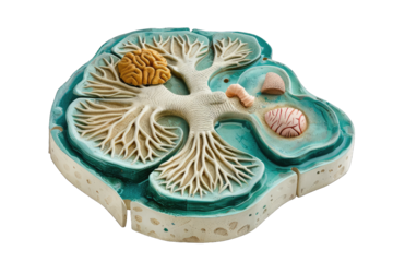 Intricate 3D model of a cutaway view of a human brain, highlighting various sections and structures in detail.