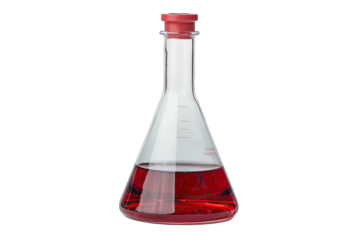 Laboratory glass flask filled with red liquid, showcasing a science experiment or chemical analysis concept with clean white background.