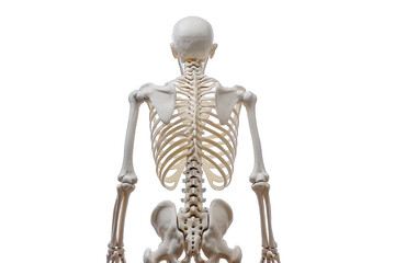Rear view of a human skeleton model showing spinal column, ribs, and pelvis