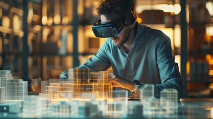 Young engineer with virtual reality headset designing a city model in a creative workspace. Advanced technology in engineering and urban development.