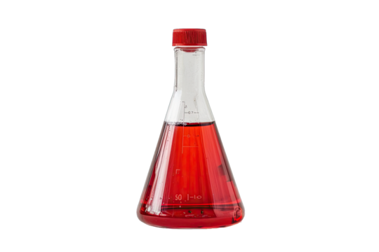 Close-up of an Erlenmeyer flask with red liquid used in science and laboratory experiments. Clear, isolated on white background. - Powered by Adobe