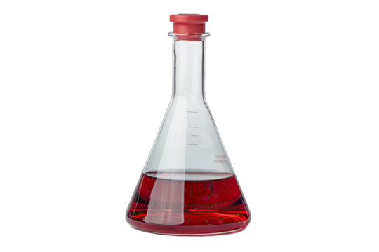 Laboratory glass flask filled with red liquid, showcasing a science experiment or chemical analysis concept with clean white background. - Powered by Adobe