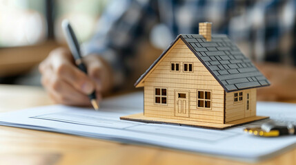 home insurance salesman and a customer are seated, signing paperwork. The scene symbolizes trust, commitment, and the importance of securing one's home and future through insurance