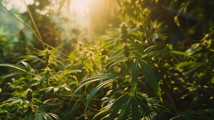 Obraz premium Cannabis buds and marijuana plants flourishing in the sunlight outdoors