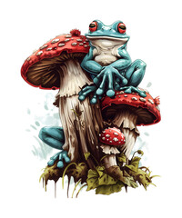 Fototapeta premium Frog & Mushroom Tshirt Design PNG File Print for White Background