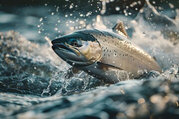 Fototapeta premium Dynamic view of salmon swimming upstream in flowing river water