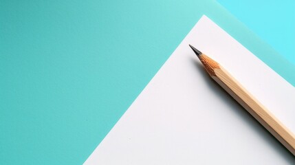 Minimalist template featuring top view of wooden pencil on white paper with blue green square gradient and soft shadow from flash light