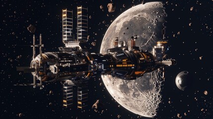 Naklejka premium High-tech space station near the moon with a docking bay, ideal for sci-fi movies, games, and space-themed illustrations. 