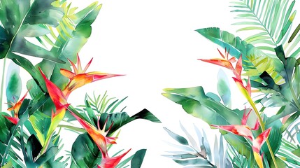 Bright heliconia flowers in tropical landscape, water color painting of tropical flower.