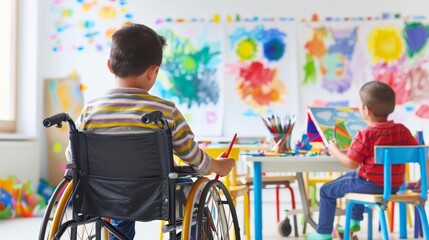 Boy in wheelchair participating in an art class with another child. Creative education and accessibility.