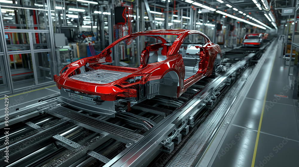 Aufkleber red car frame on assembly line in factory with robotic arms.