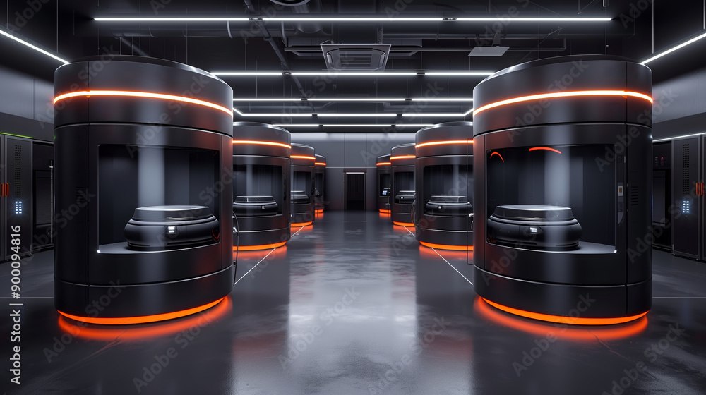 Poster futuristic data center with advanced technology pods.