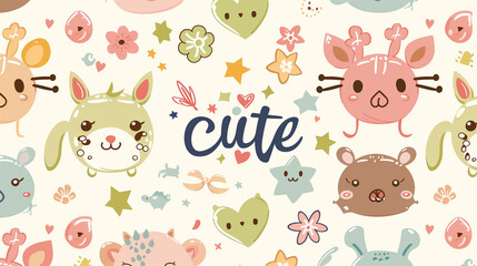 Cute Animal Faces Pattern with Stars and Hearts on Beige Background