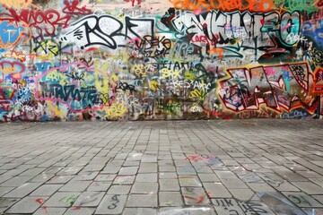 Naklejka premium Urban Graffiti Wall. A frame of vibrant, colorful graffiti art and street murals. 