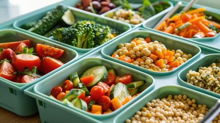 Obraz premium Eco friendly lunch box with reusable containers, featuring fresh vegetables and grains, healthy food, lunch box