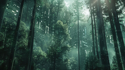 Obraz premium Digital Forest with Futuristic Holographic Displays