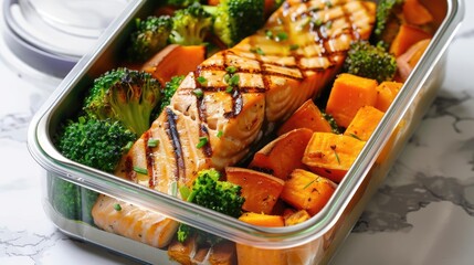 Fitness meal prep lunch box with grilled salmon, sweet potato, and broccoli, healthy food, lunch box