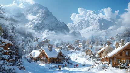 Wooden house in snowy mountains