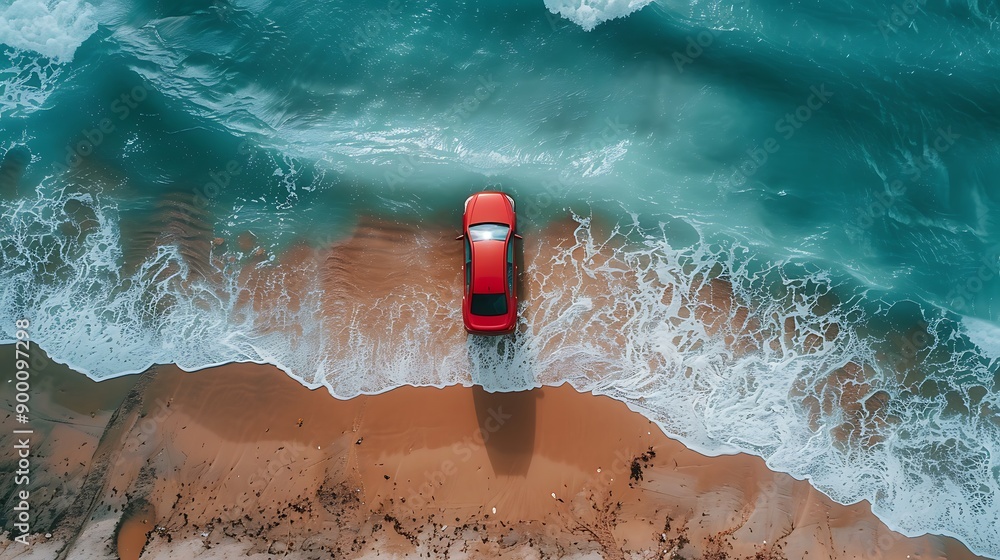 Wall mural Aerial view of the red car and the beach