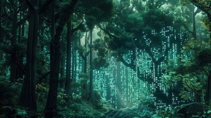 Enchanted Forest with Glowing Blue Digital Code