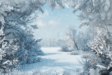 Fototapeta premium Winter Wonderland frame with snow-covered trees, icicles, and soft falling snowflakes. The center is a blank, snowy landscape, evoking the peacefulness of a winter scene