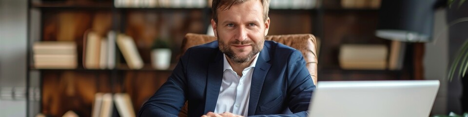 Successful Male Executive: Confident Businessman, Banker, or Financial Director at Office Desk. Professional Portrait with Laptop, Smiling at Camera. AI-Generated 4K Illustration Showcasing Corporate 