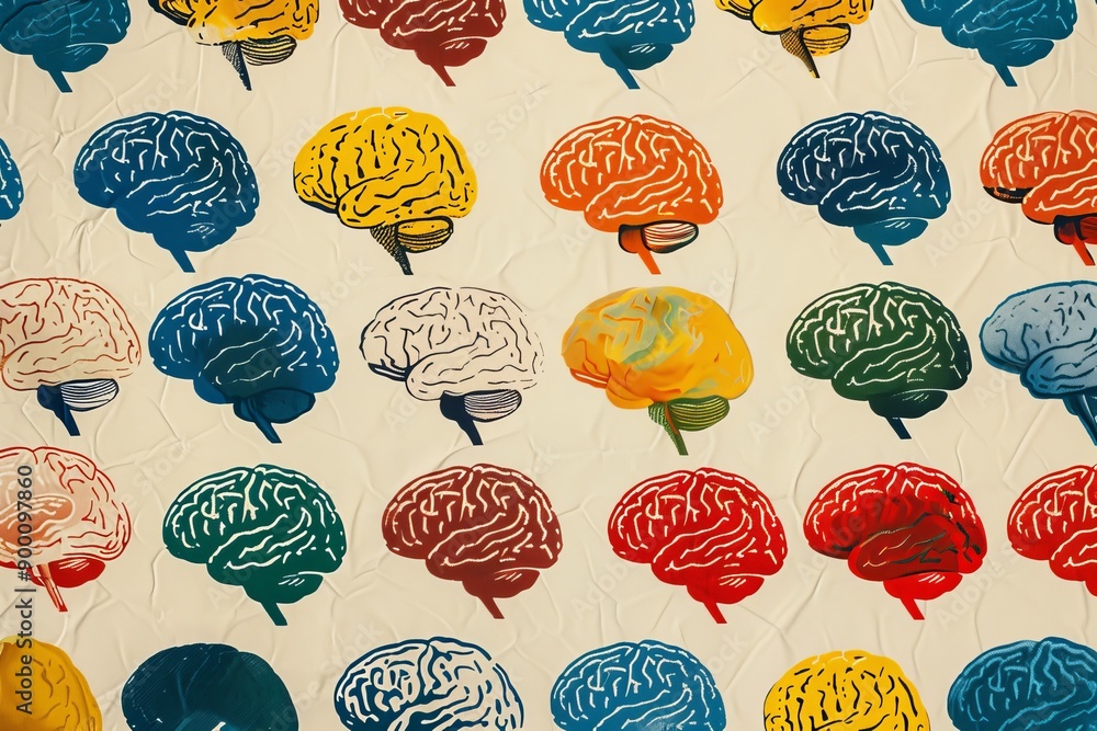 Poster pattern of colorful brain illustrations on a beige background symbolizing cognitive processes and cr