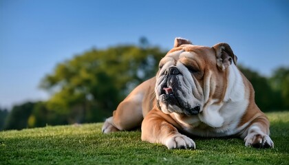 Fototapeta premium Portrait of a cute english bulldog dog lying down on a green field