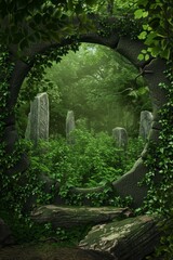 Ancient Celtic Forest with an ancient stone circle, lush greenery, and mystical symbols. 