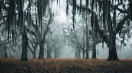 Fototapeta premium Misty forest landscape with towering trees covered in hanging moss, creating an eerie and atmospheric scene.