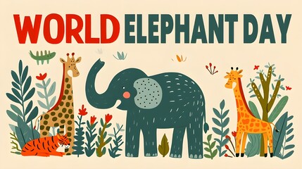 Naklejka premium Hand drawn elephant with the text world elephant day in front, in a vector style illustration, elephant walking in beautiful background.