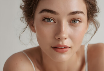 beauty woman  glowing face and healthy facial skin portrait smile on isolated white background. Cosmetology ,Plastic surgery.