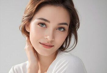 Naklejka premium beauty woman glowing face and healthy facial skin portrait smile on isolated white background. Cosmetology ,Plastic surgery.