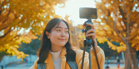 A young Asian woman smiles while recording a vlog in a park with vibrant autumn leaves in the background.