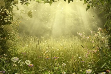 Obraz premium Dreamy Meadow with wildflowers, and tall grasses. A tranquil, nature scene.
