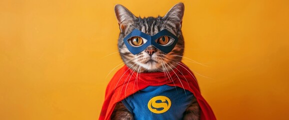Cat in superhero costume.British cat breed.Leader concept.Festive outfit for Halloween,New Year,Christmas or masquerade.Holiday party and animal clothing,advertising