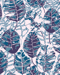 Abstract branches and leaves seamless repeat pattern. Random placed, botanical vector elements all over surface print on light blue background.