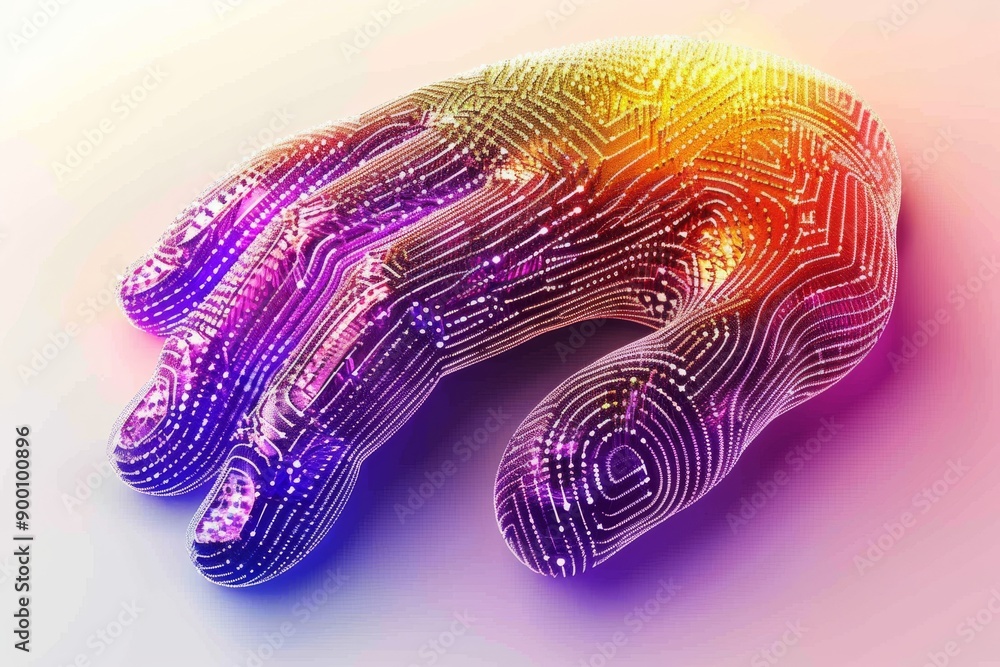 Poster digital rendering of a hand with multicolored circuits symbolizing technology and connectivity