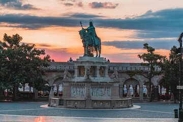 Fisherman's bastion king St Stephen I monument sunrise Budapest Hungary 24.06.24