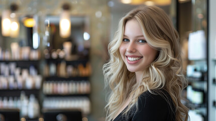 25 30 year old blonde woman modeling hair in salon Blonde face woman curly hair beauty face natural makeup
