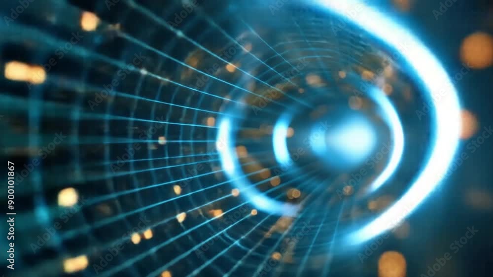 Poster video of futuristic blue digital tunnel with glowing light and abstract patterns for tech business c