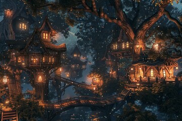 Fantasy Elven Village. Elegant treehouses, twinkling lanterns, and delicate bridges. Enchanting village, perfect for an immersive fantasy setting.