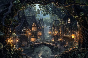 Naklejka premium Fantasy Elven Village. Elegant treehouses, twinkling lanterns, and delicate bridges. Enchanting village, perfect for an immersive fantasy setting.