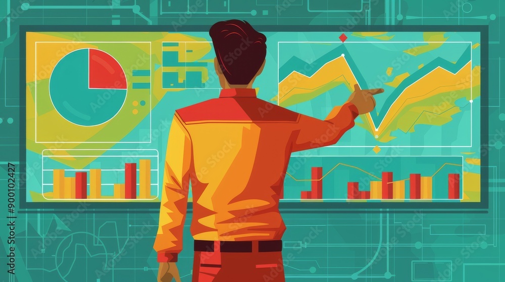 Poster graph showing increasing profits on a transparent screen, with a businessperson pointing at it. cart