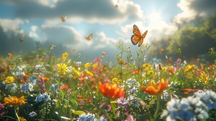 Obraz premium A sunny meadow filled with wildflowers and butterflies