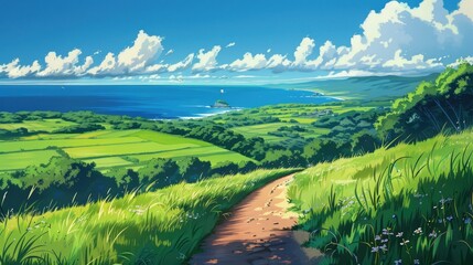 Obraz premium Anime illustration of green fields, long road, and ocean view, serene and scenic setting