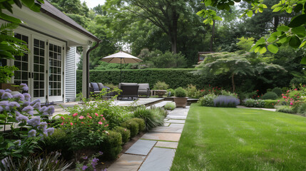Obraz premium Backyard patio outdoors with flowers, grass, hedges, and a sitting area among the landscaping